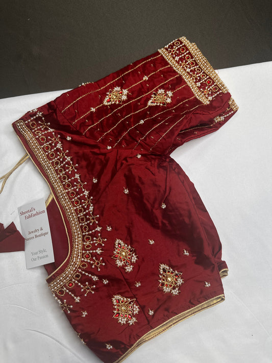 Maroon Red Silk Pearl Maggam Aari Blouse