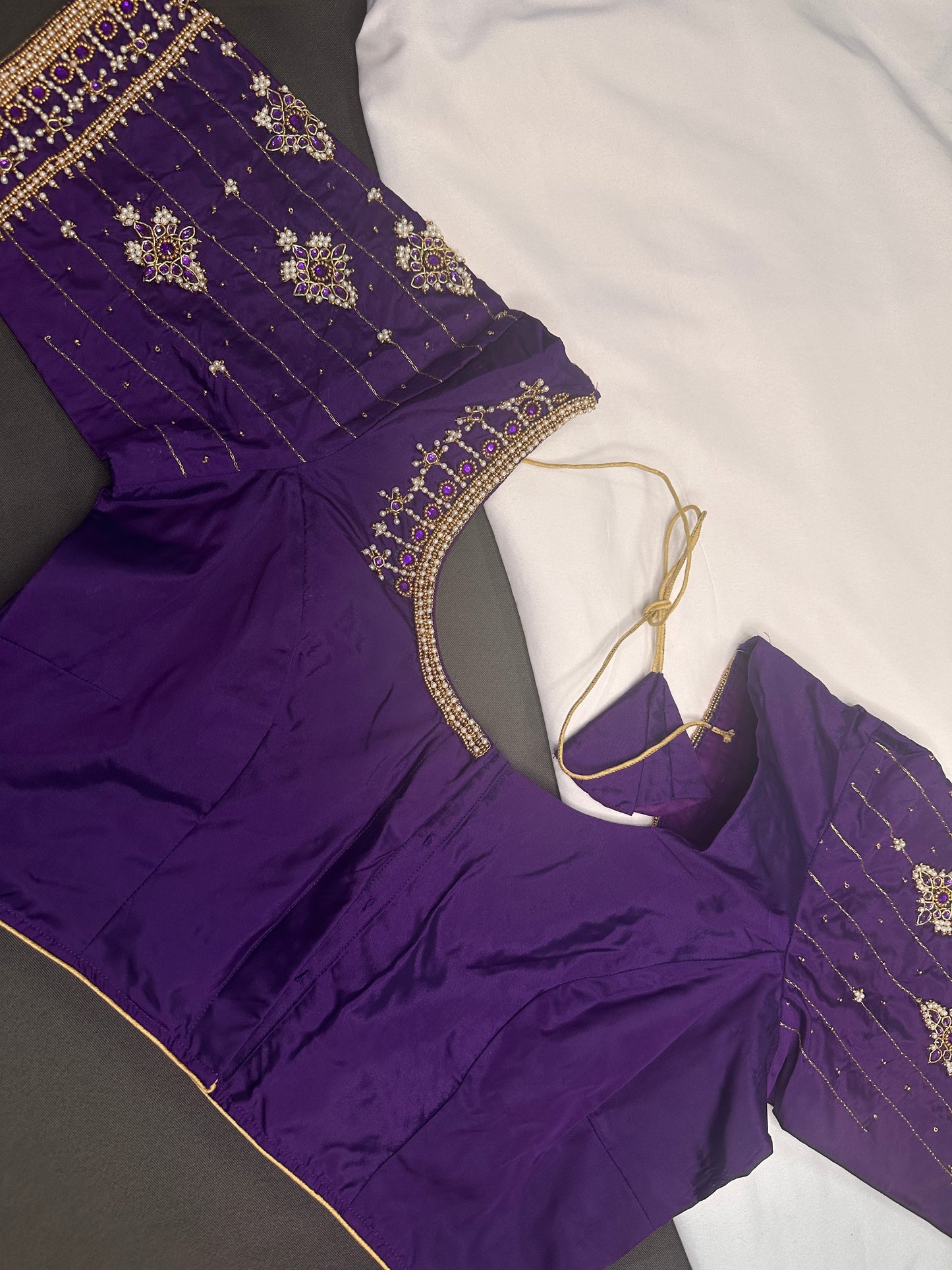 Purple Silk Pearl Maggam Aari Blouse
