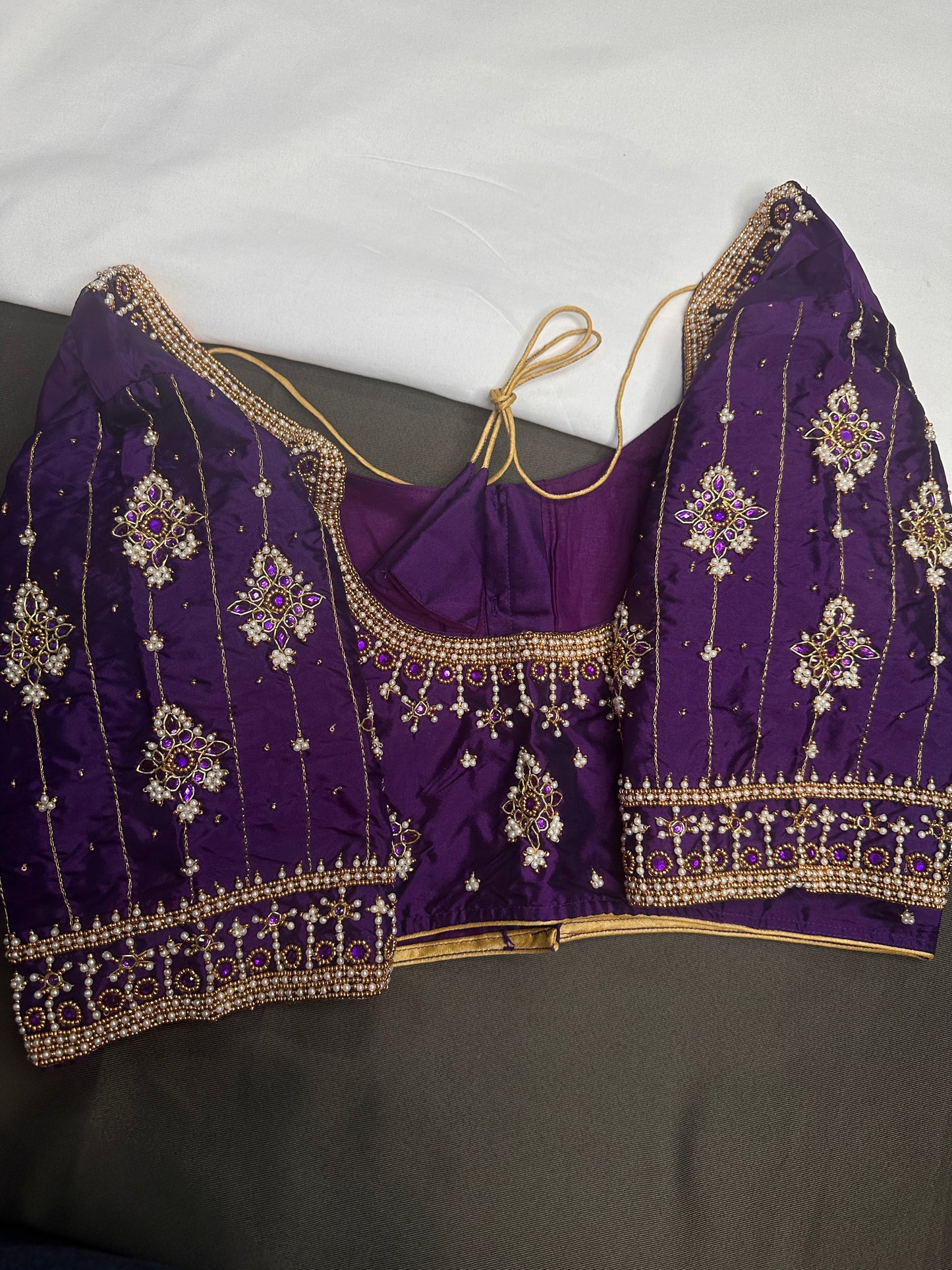 Purple Silk Pearl Maggam Aari Blouse
