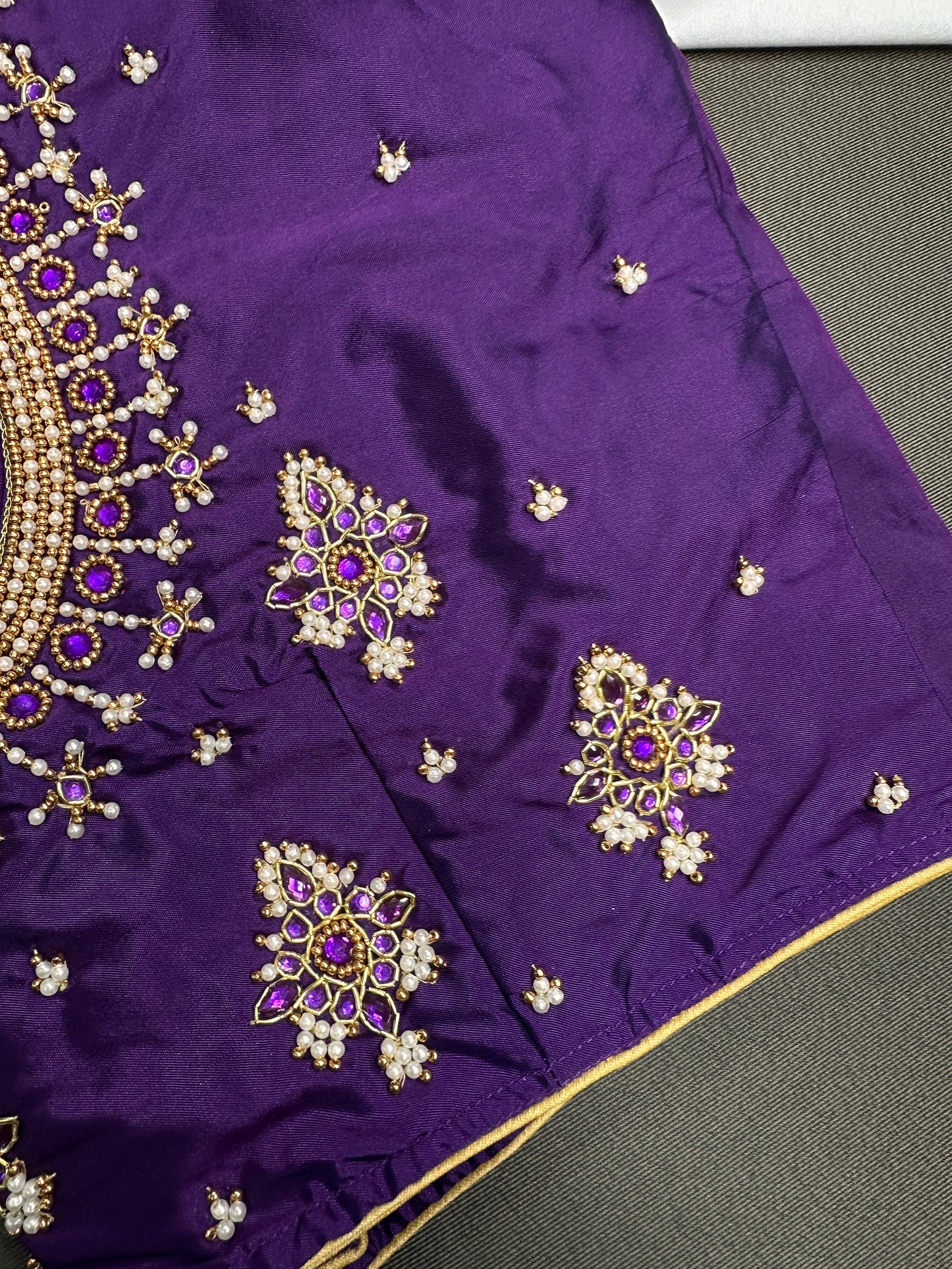 Purple Silk Pearl Maggam Aari Blouse