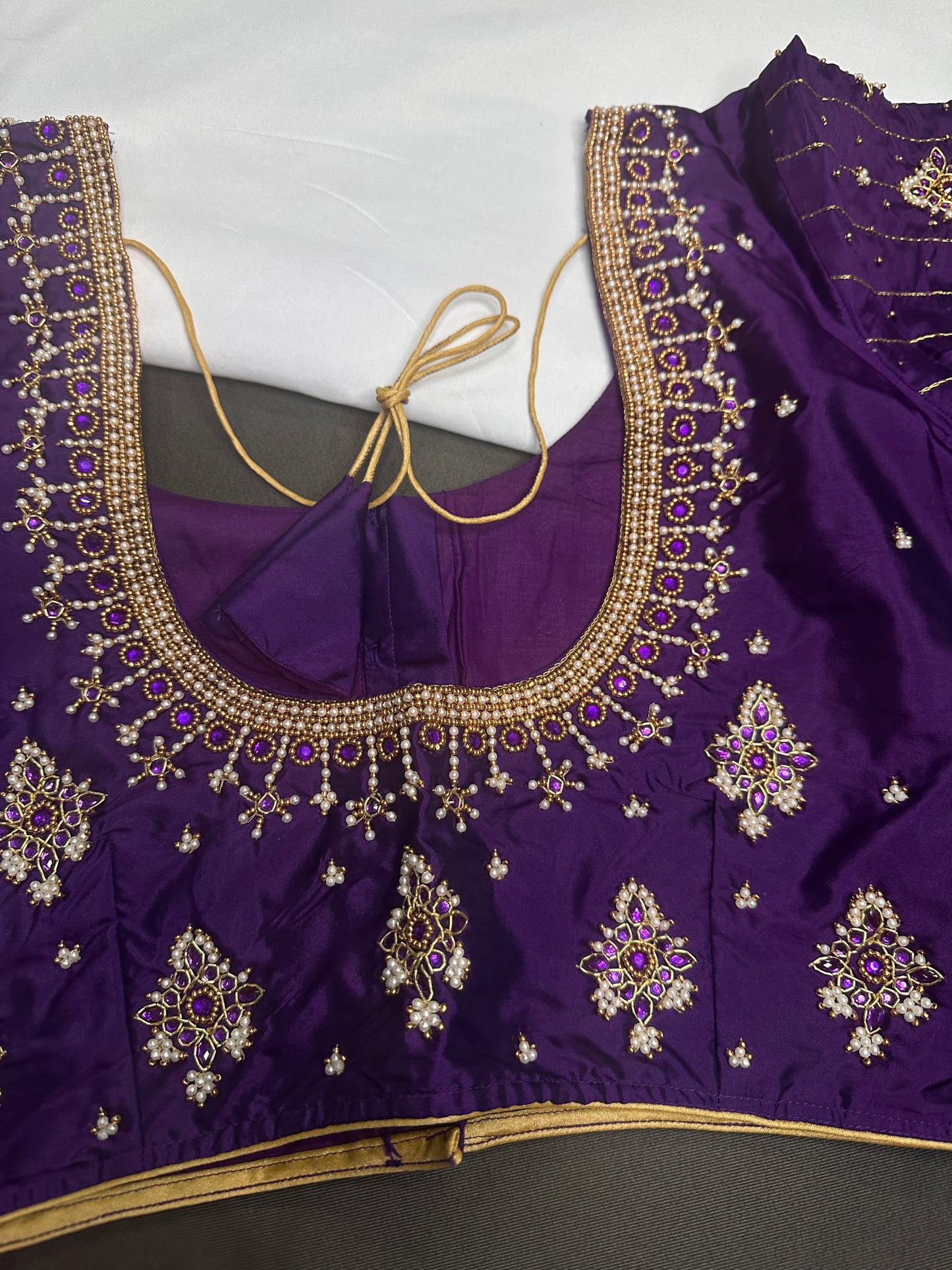Purple Silk Pearl Maggam Aari Blouse