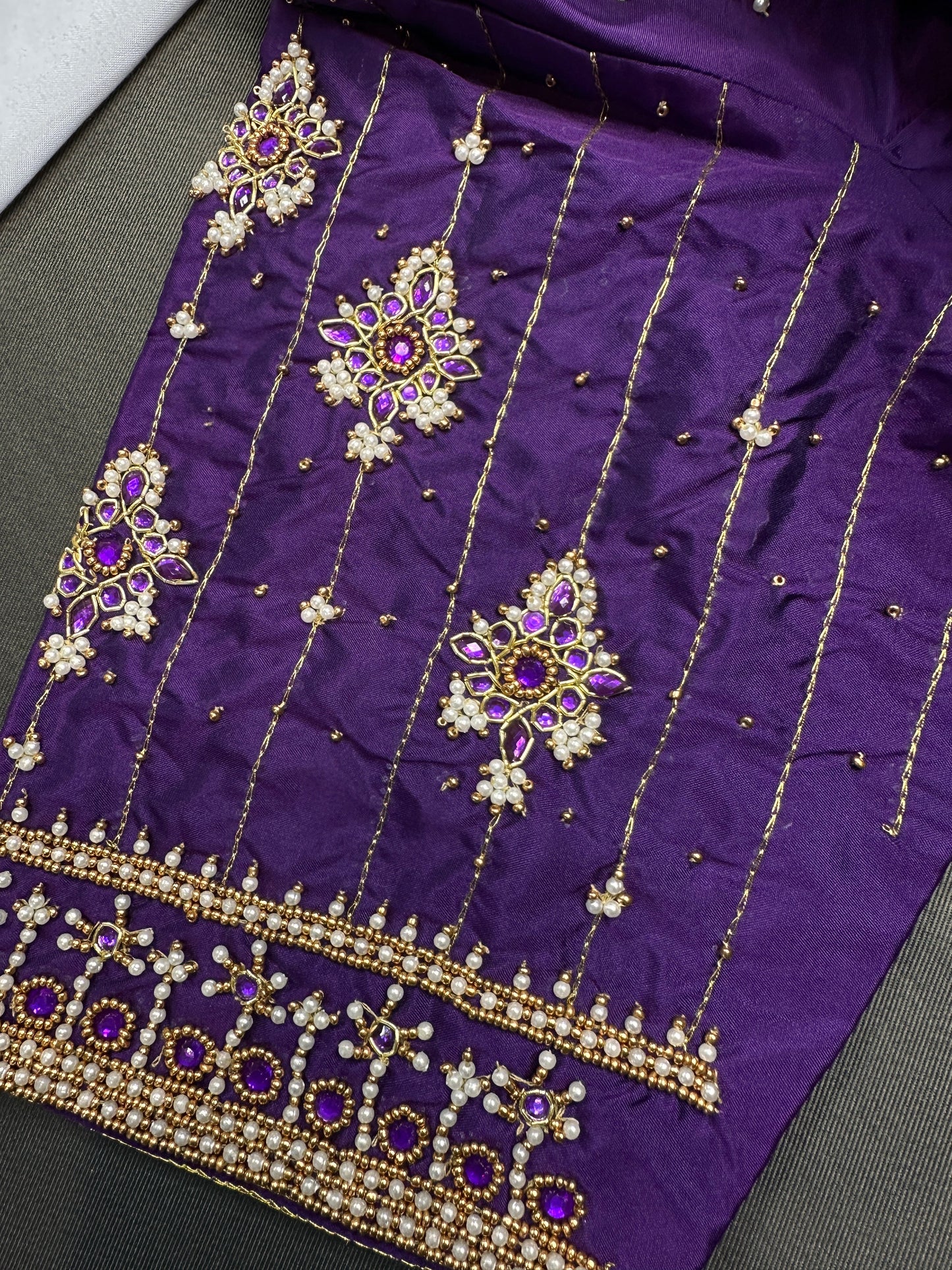 Purple Silk Pearl Maggam Aari Blouse