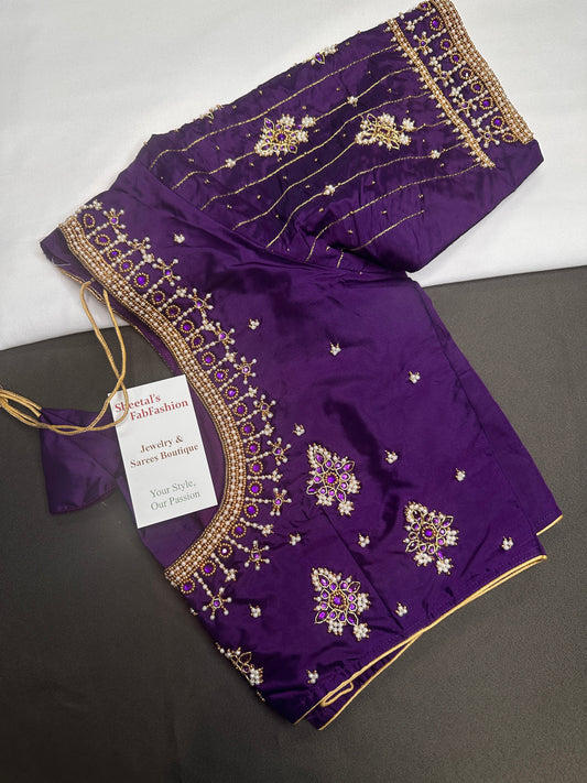 Purple Silk Pearl Maggam Aari Blouse