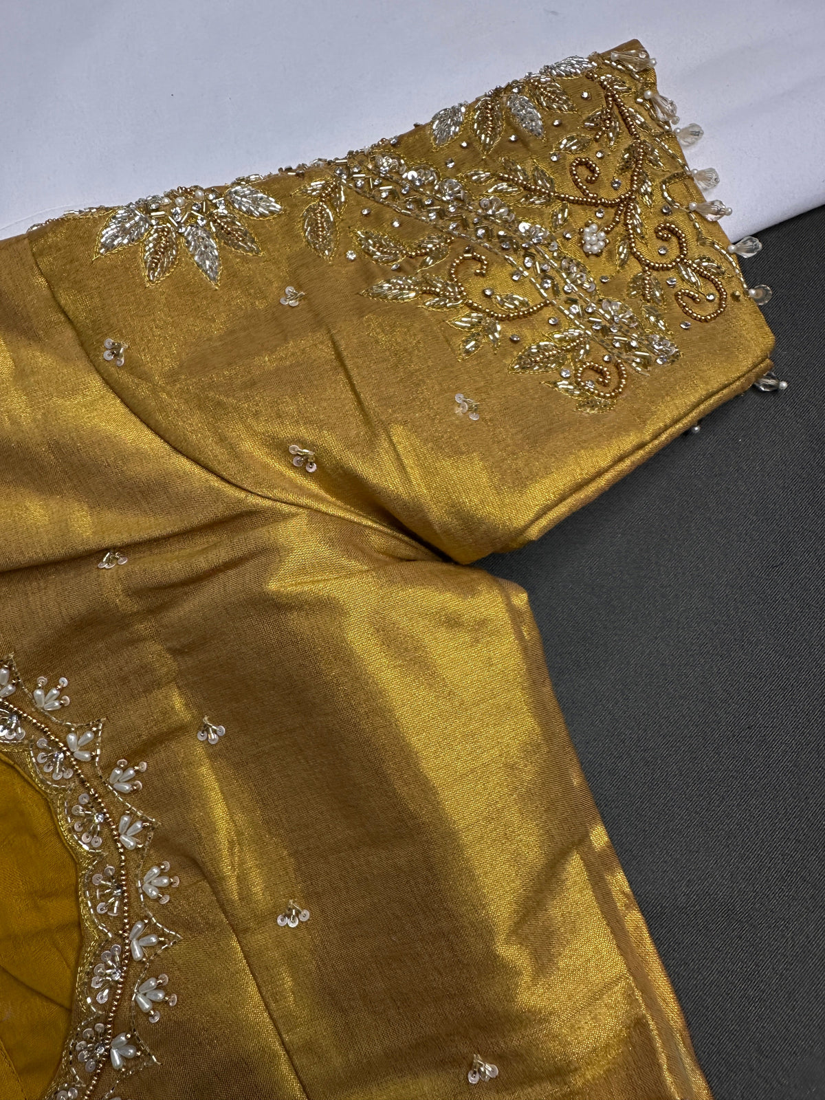 Gold High Neck Silk Maggam Aari Blouse