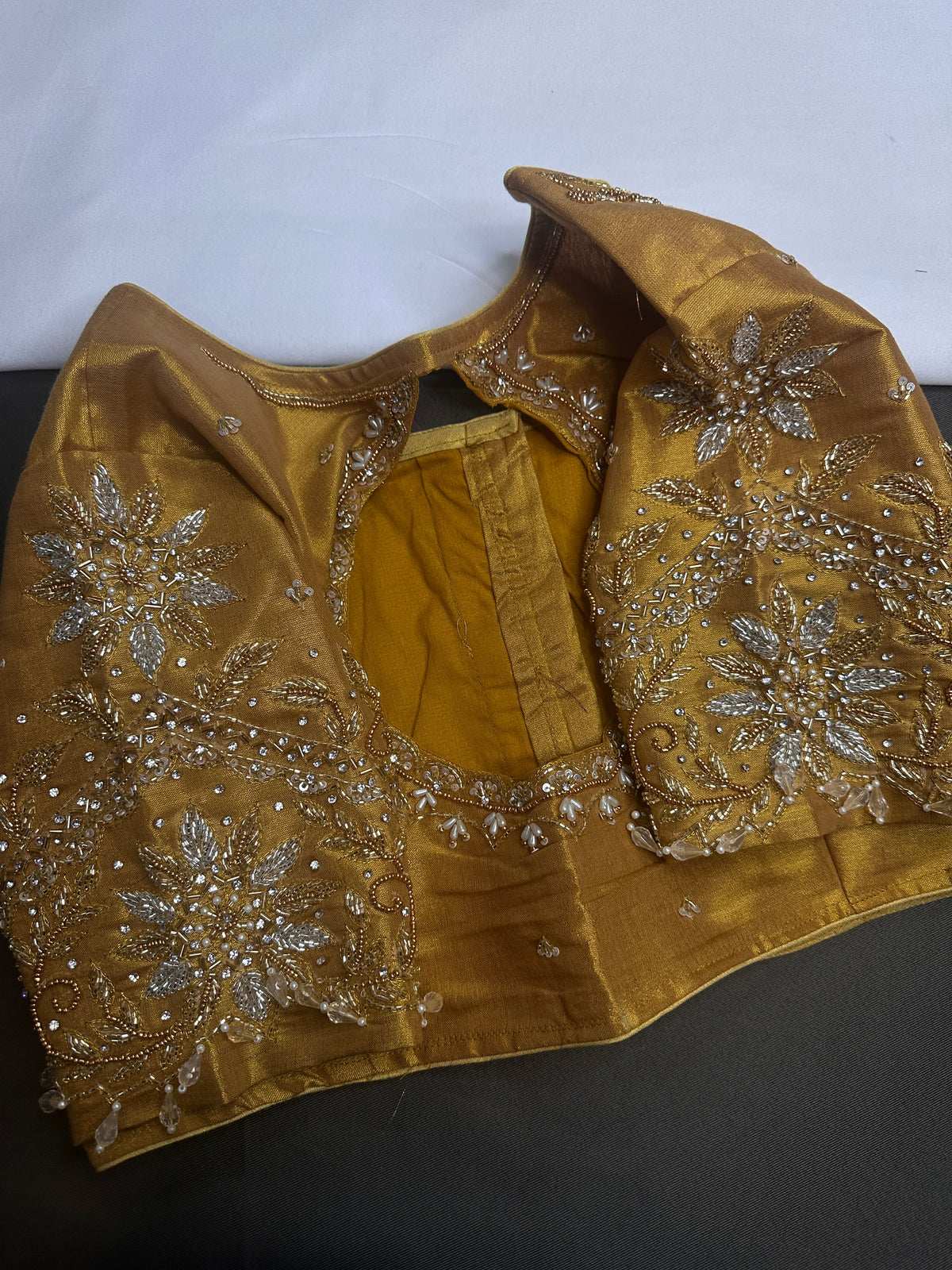 Gold High Neck Silk Maggam Aari Blouse