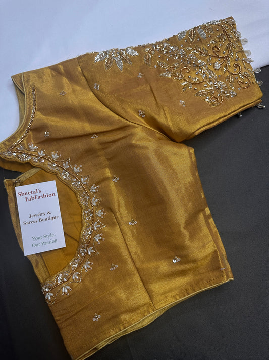 Gold High Neck Silk Maggam Aari Blouse