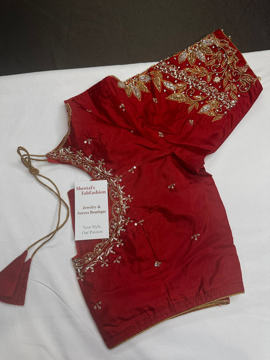 Red Pot Neck Silk Maggam Aari Blouse