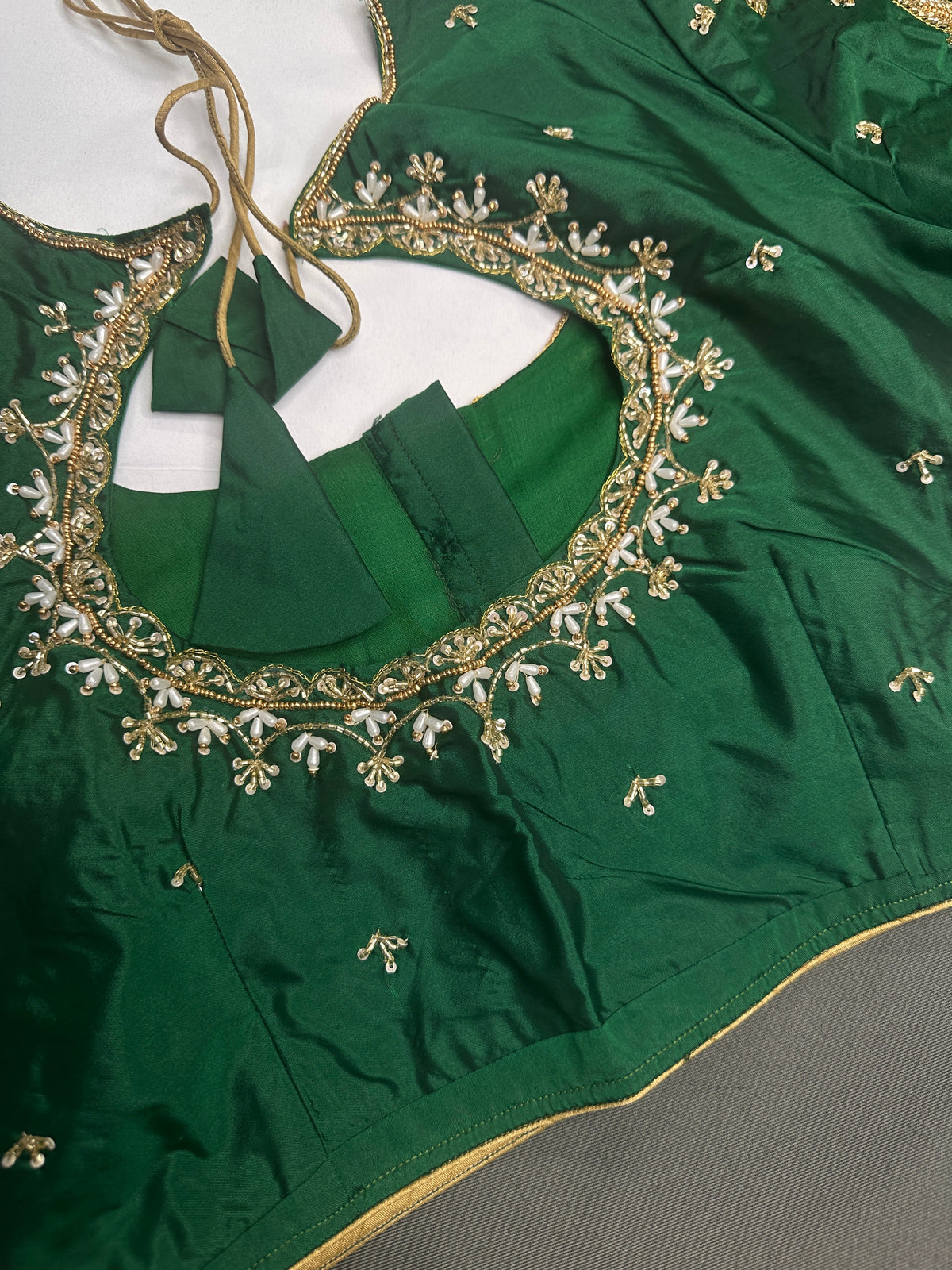 Green Pot Neck Silk Maggam Aari Blouse