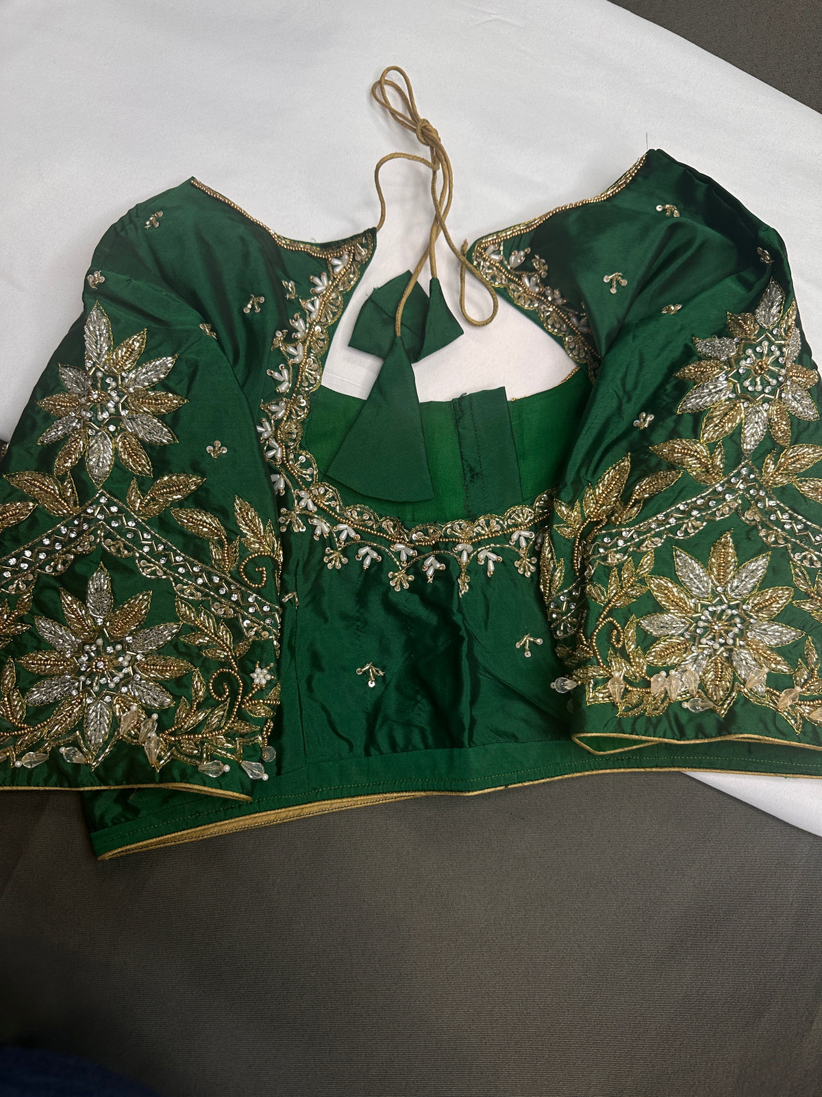 Green Pot Neck Silk Maggam Aari Blouse