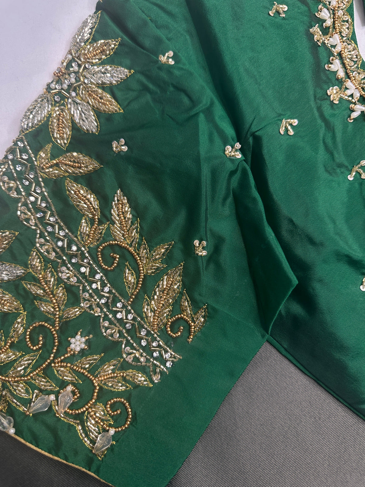 Green Pot Neck Silk Maggam Aari Blouse