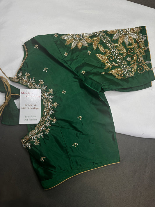 Green Pot Neck Silk Maggam Aari Blouse