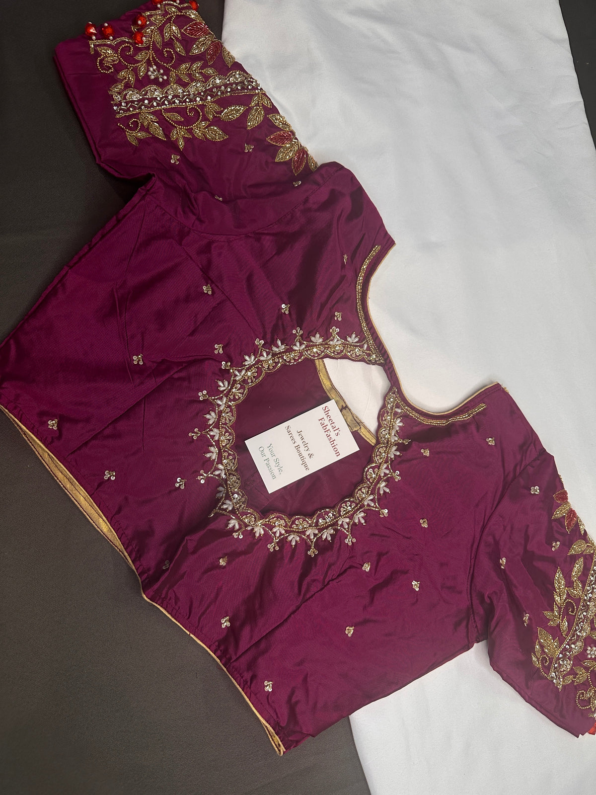 Magenta High NeckSilk Maggam Aari Blouse
