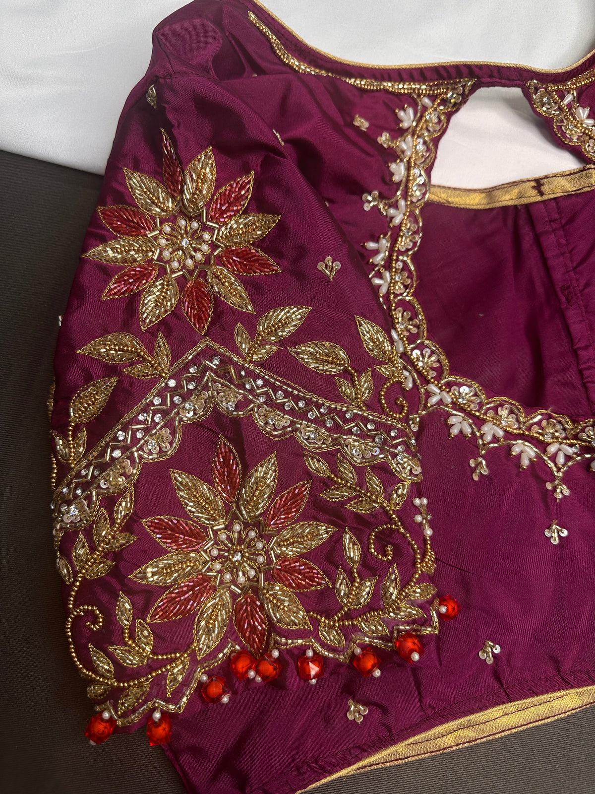 Magenta High NeckSilk Maggam Aari Blouse