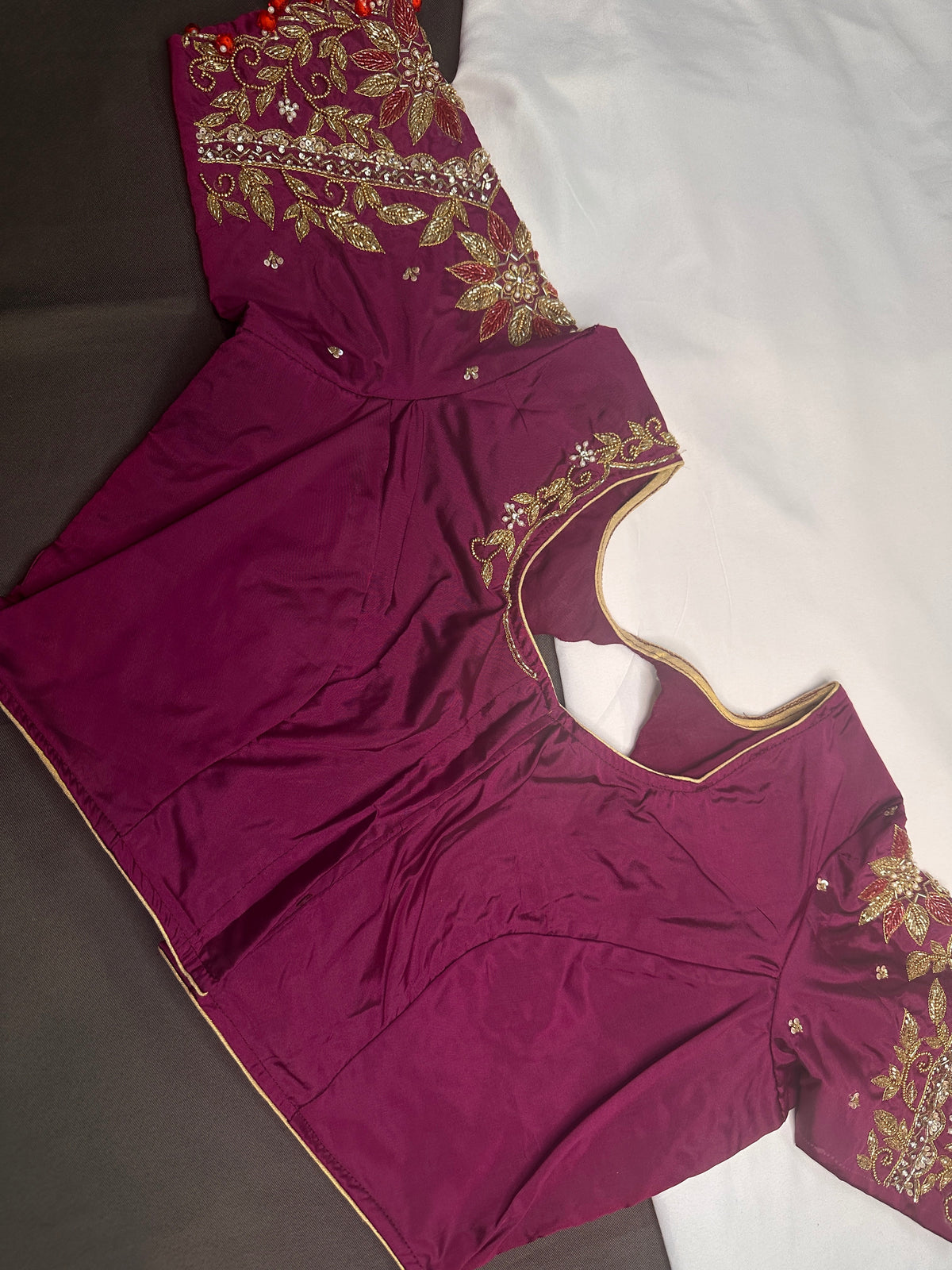 Magenta High NeckSilk Maggam Aari Blouse