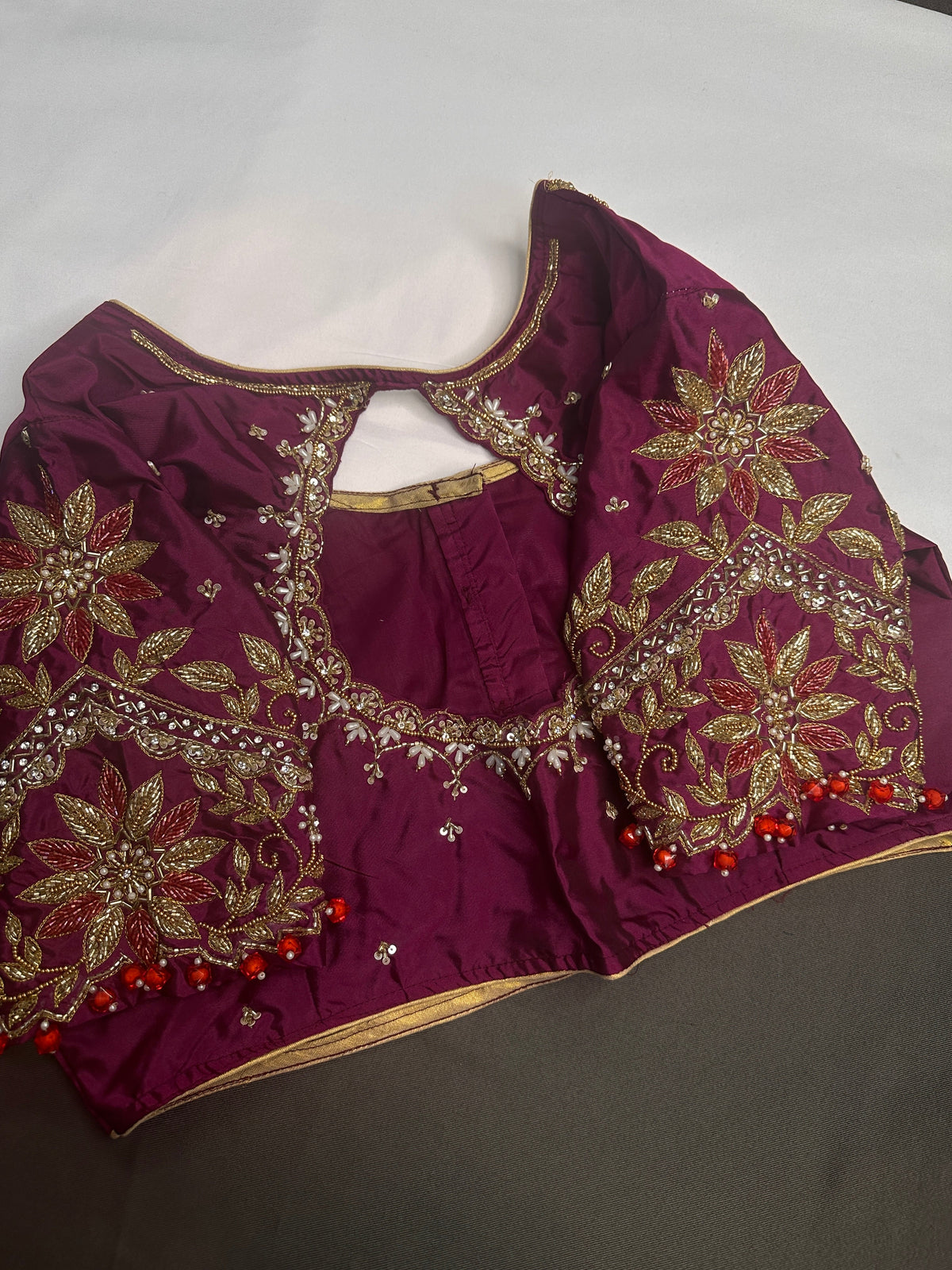 Magenta High NeckSilk Maggam Aari Blouse