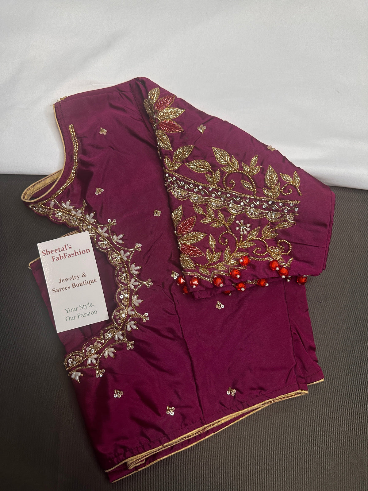 Magenta High NeckSilk Maggam Aari Blouse