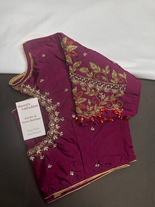 Magenta High NeckSilk Maggam Aari Blouse
