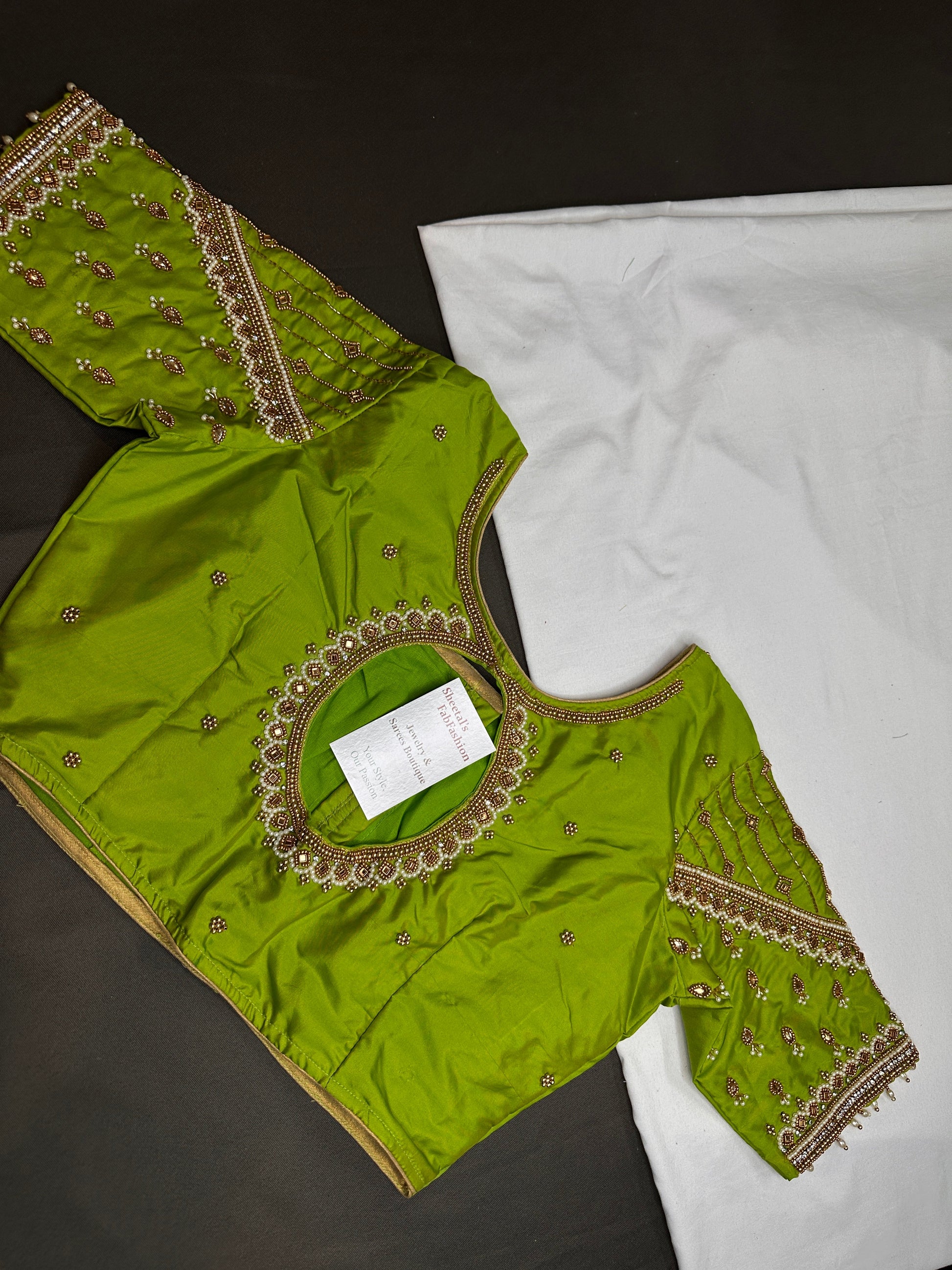 Parrot Green Silk Maggam Aari Blouse - 