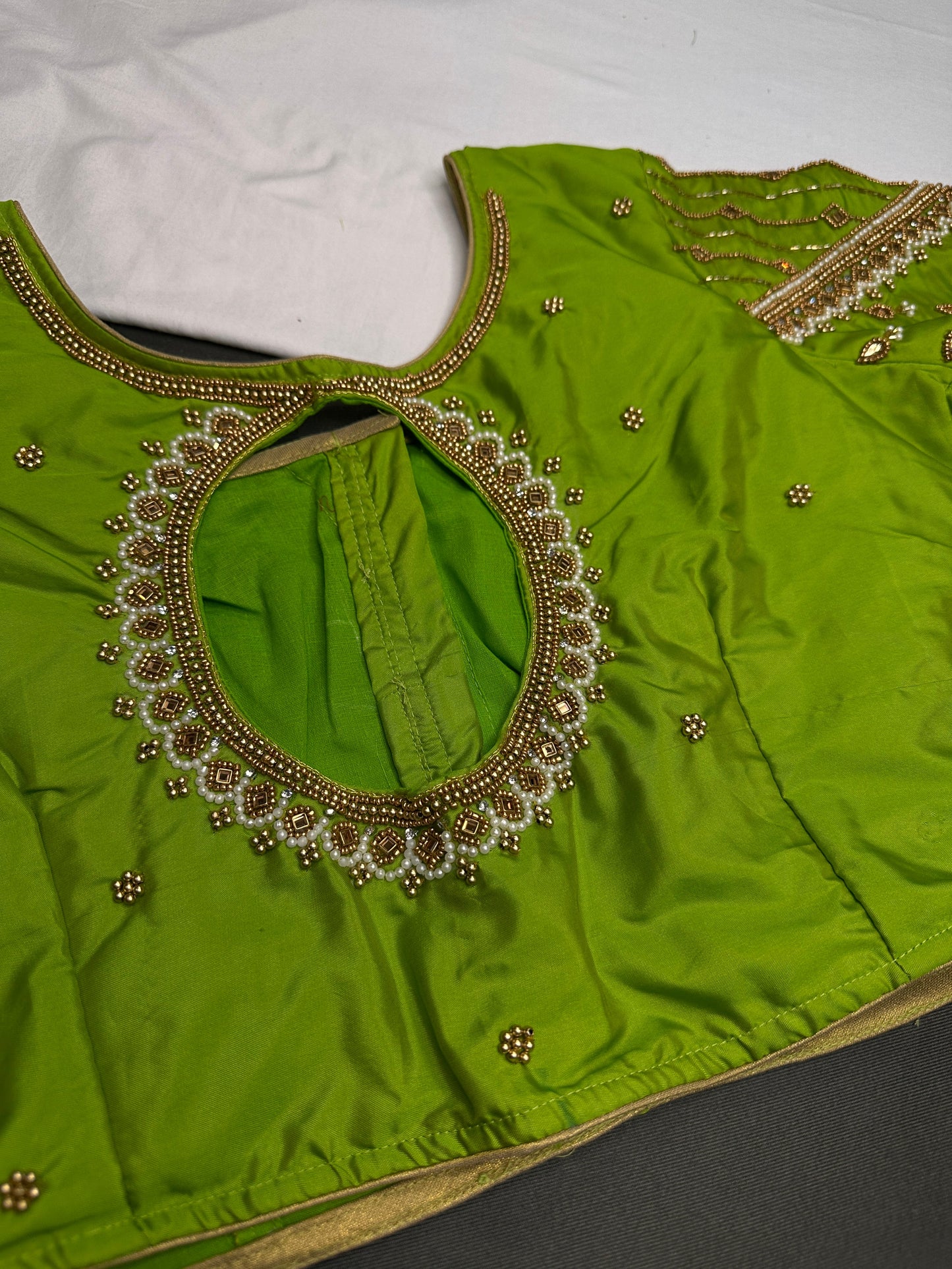 Parrot Green Silk Maggam Aari Blouse - 