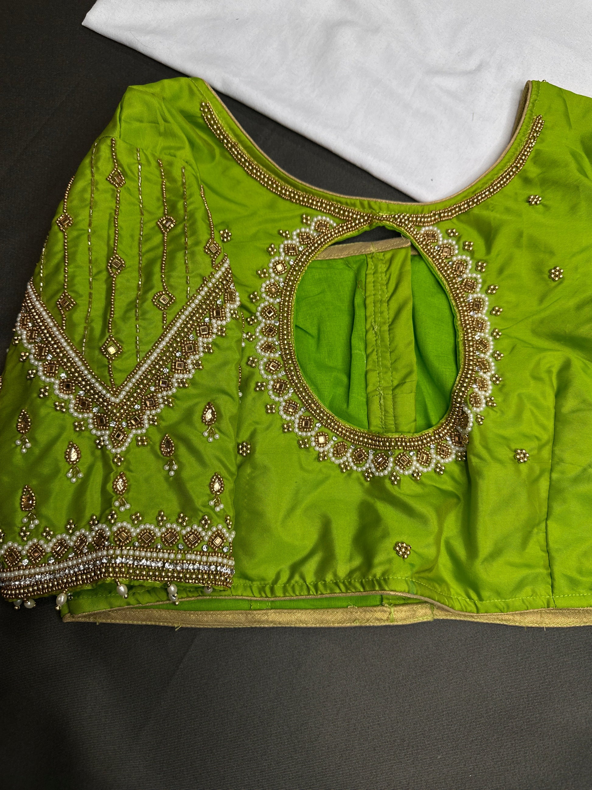 Parrot Green Silk Maggam Aari Blouse - 