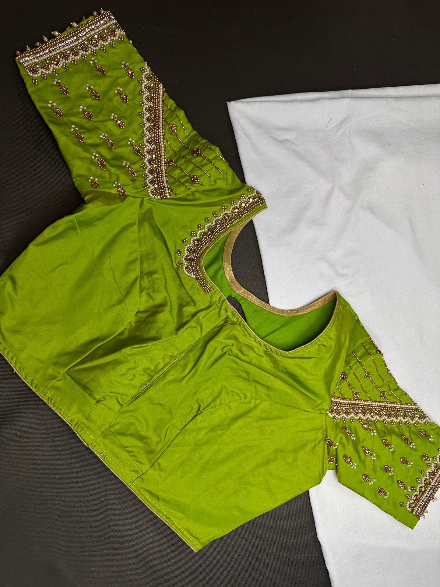 Parrot Green Silk Maggam Aari Blouse - 