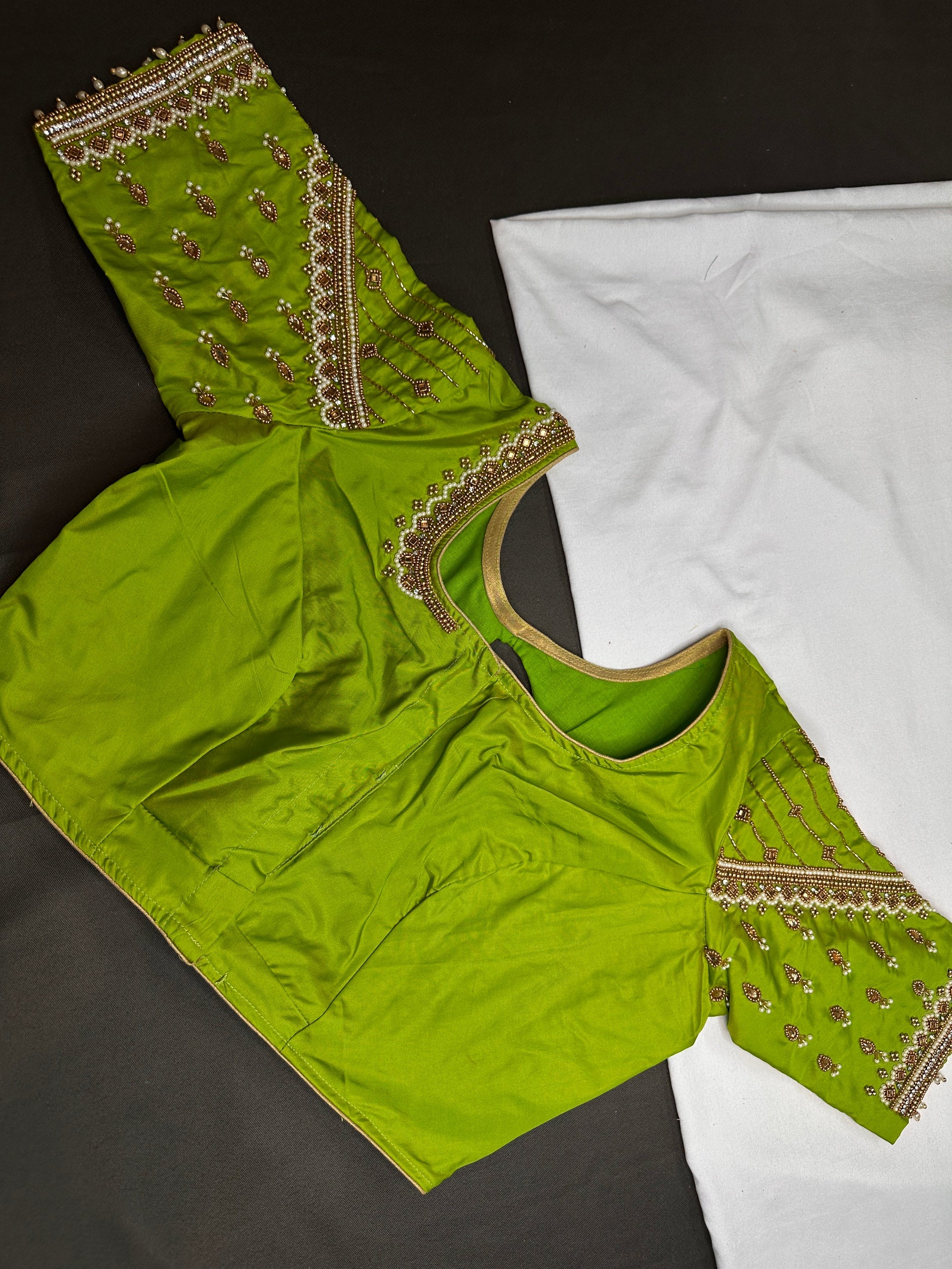 Parrot Green Silk Maggam Aari Blouse - 