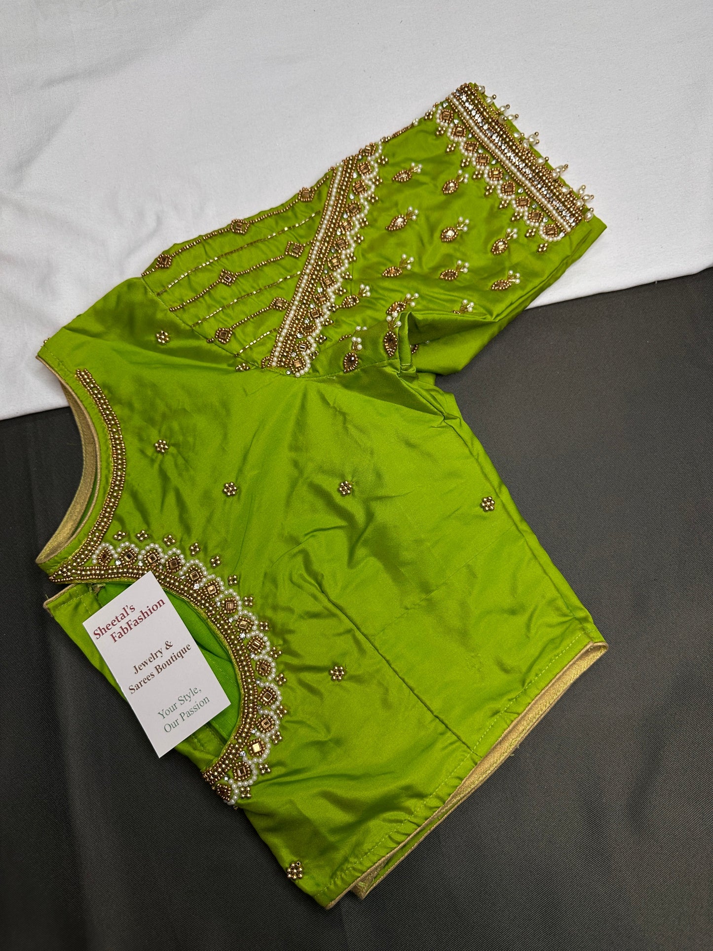 Parrot Green Silk Maggam Aari Blouse - 