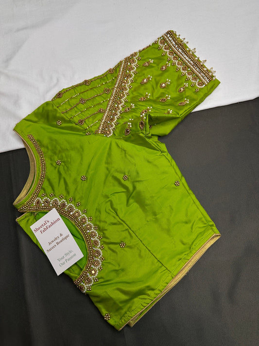 Parrot Green Silk Maggam Aari Blouse - 