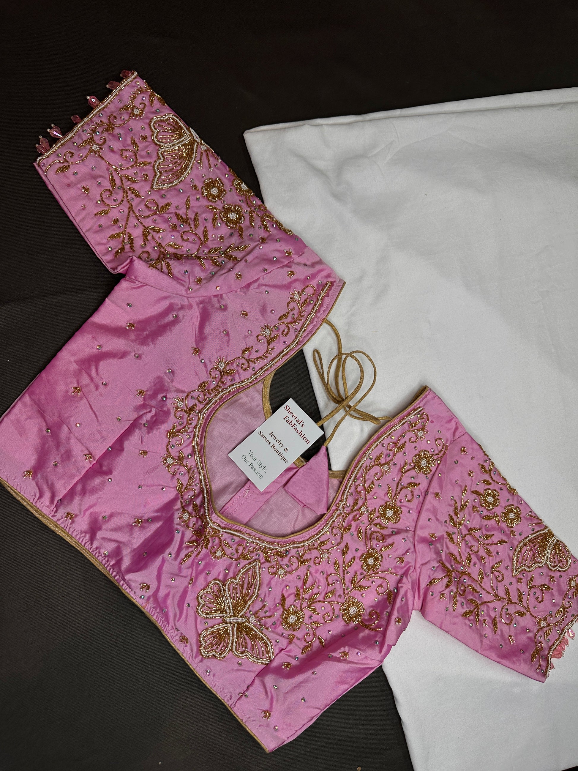 Pink Butterfly Silk Maggam Aari Blouse - 