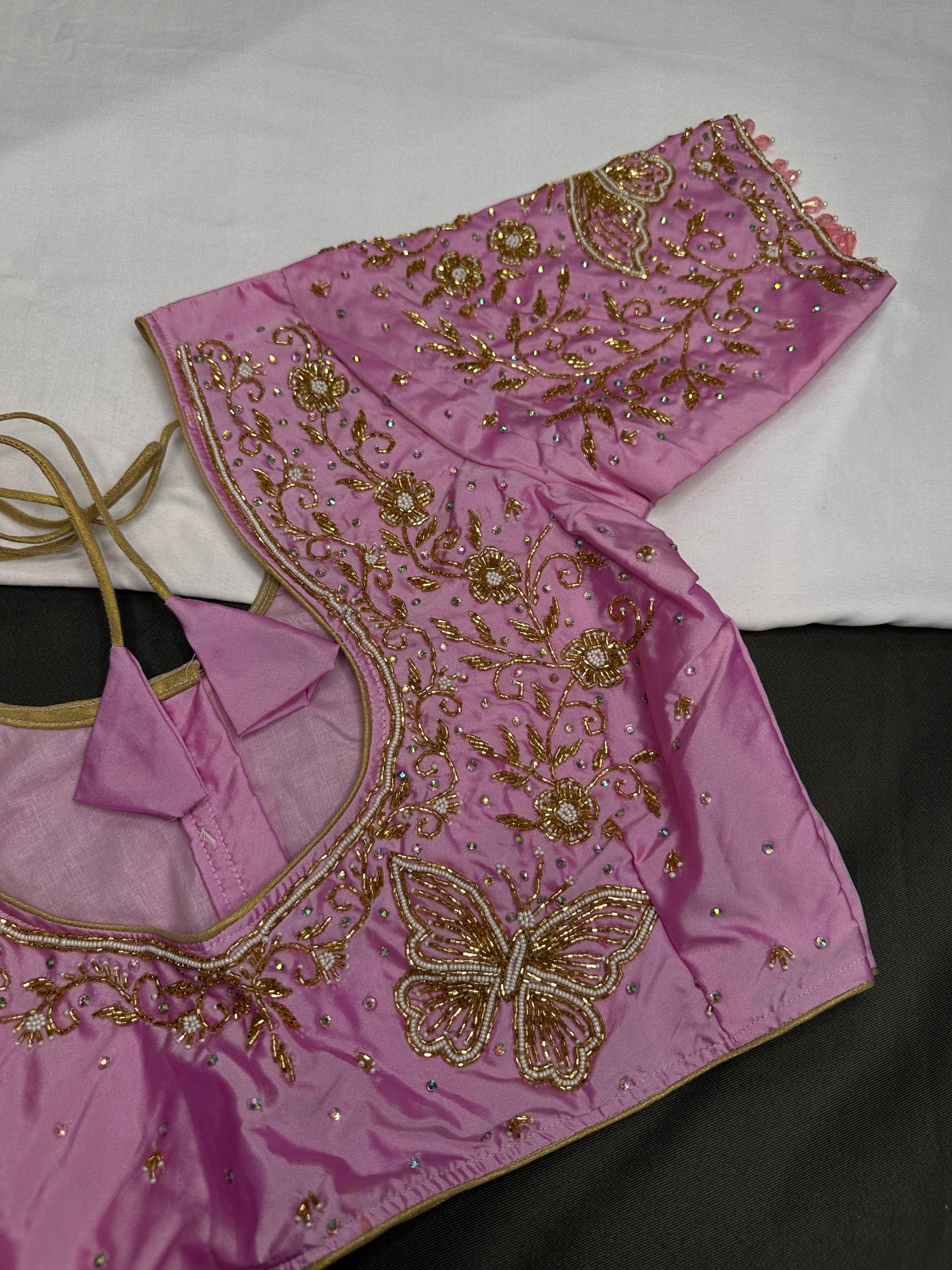 Pink Butterfly Silk Maggam Aari Blouse - 