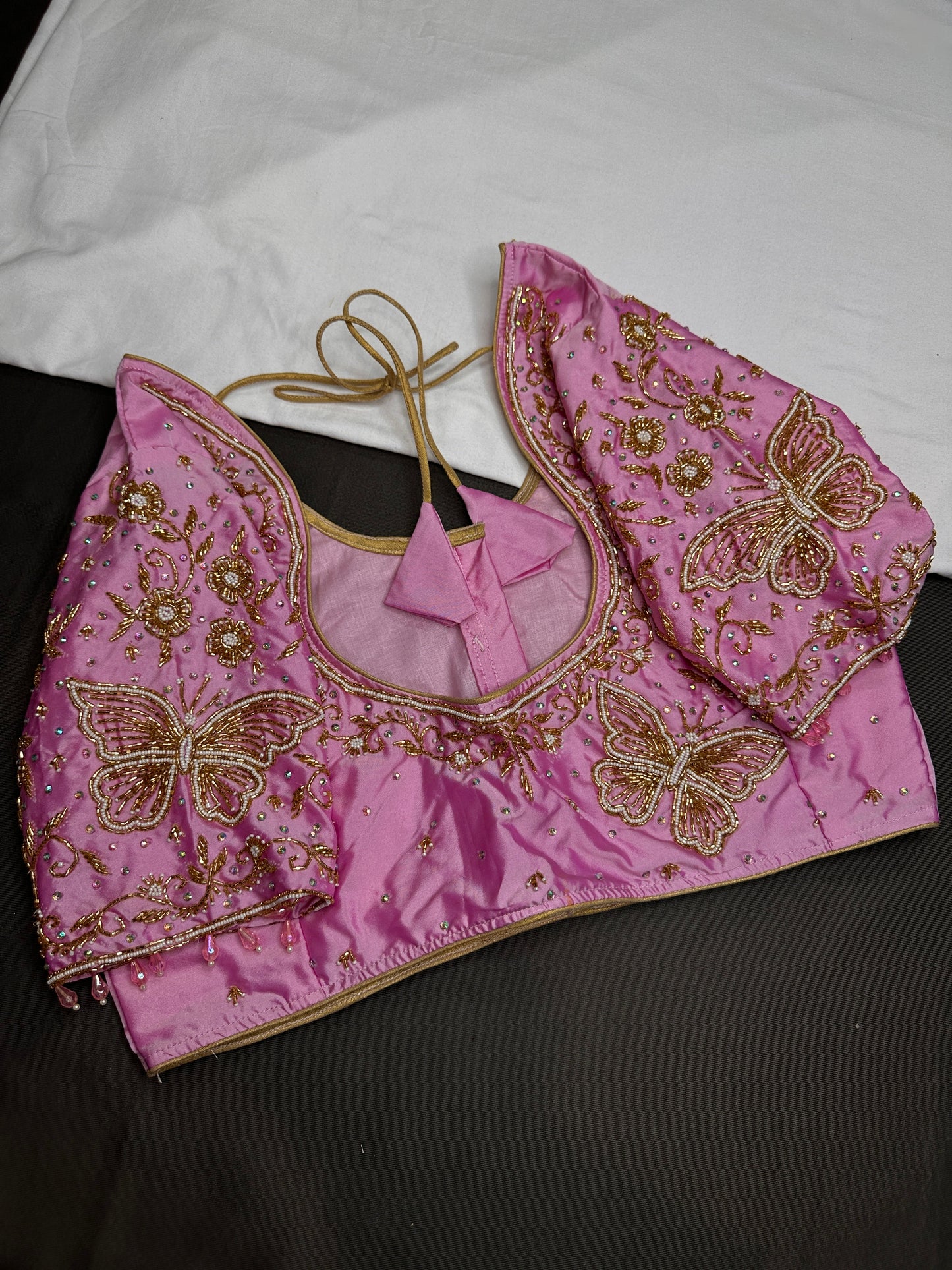 Pink Butterfly Silk Maggam Aari Blouse - 