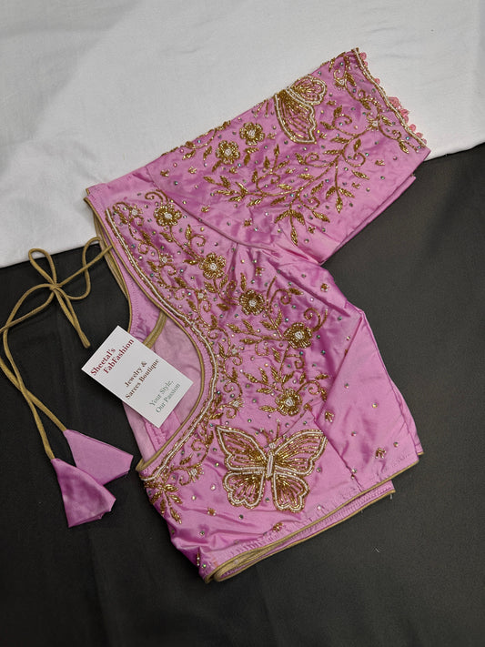 Pink Butterfly Silk Maggam Aari Blouse - 