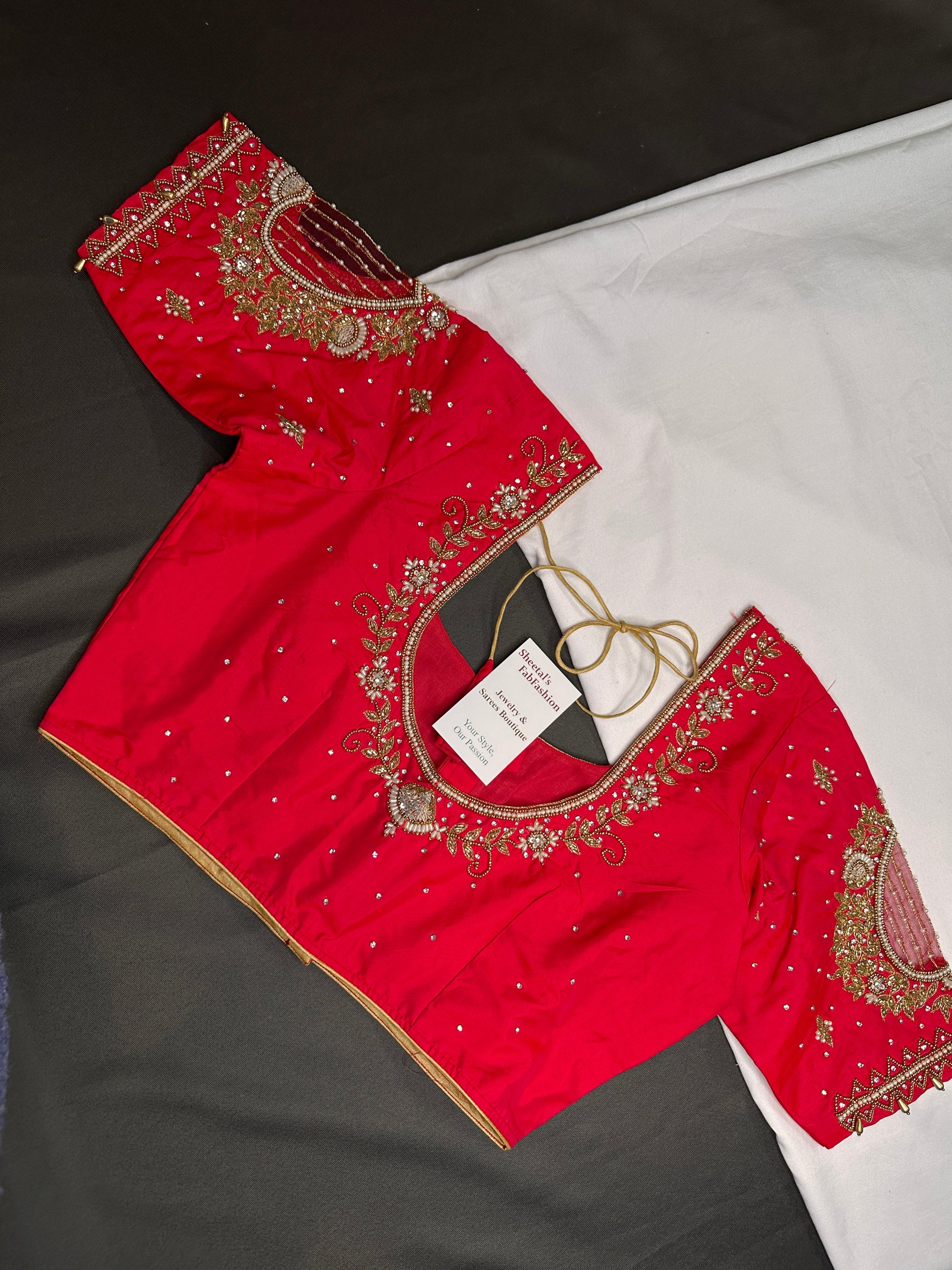 Red Kardana Net Silk Maggam Aari Blouse - 