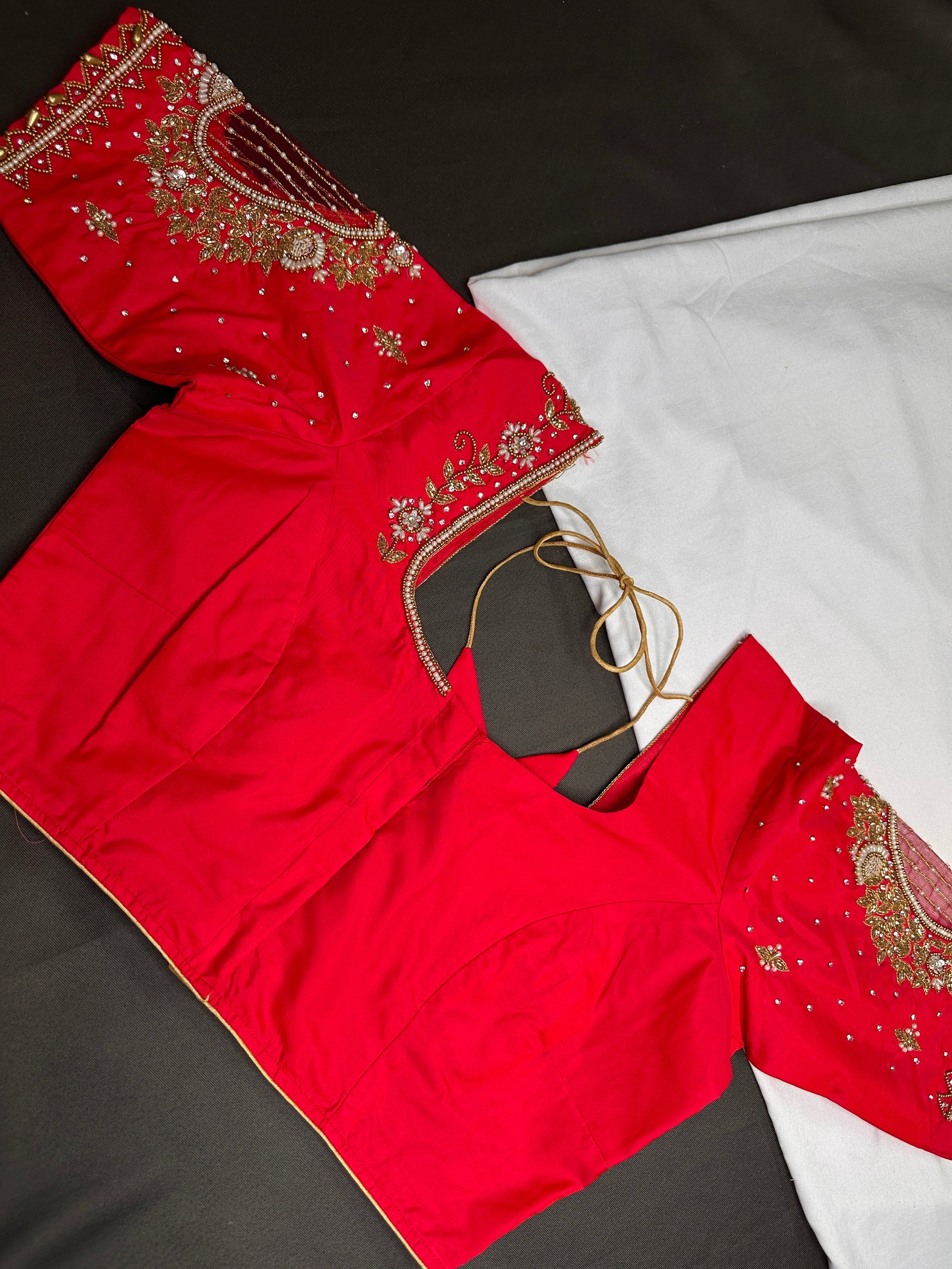 Red Kardana Net Silk Maggam Aari Blouse - 