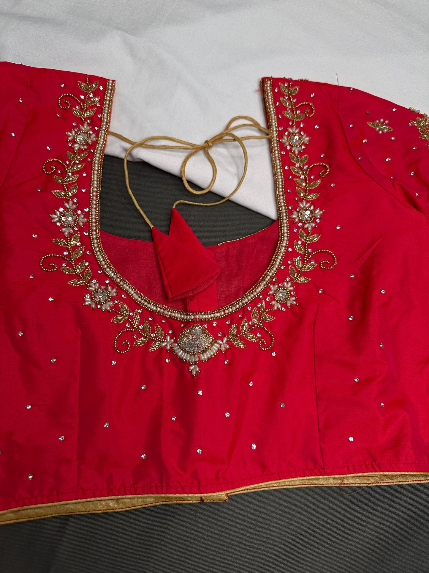 Red Kardana Net Silk Maggam Aari Blouse - 