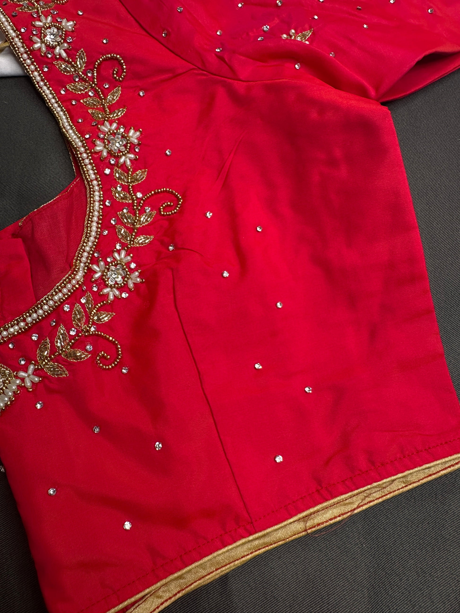 Red Kardana Net Silk Maggam Aari Blouse - 