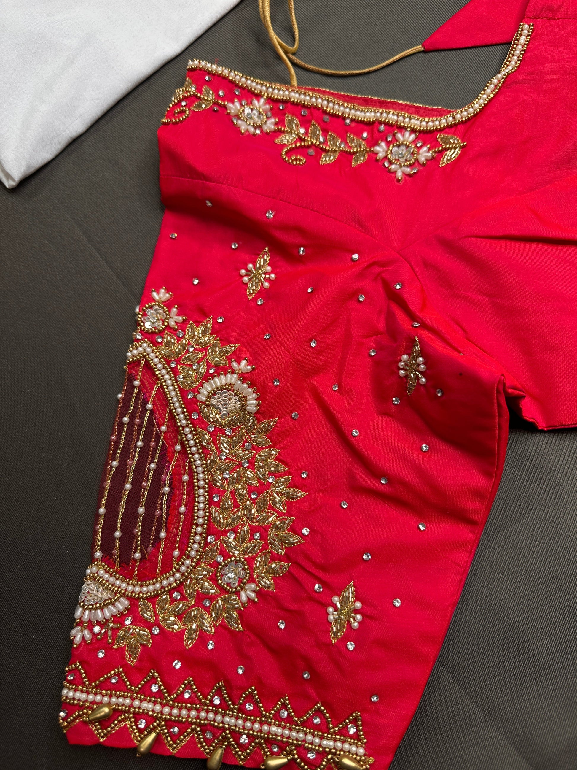 Red Kardana Net Silk Maggam Aari Blouse - 