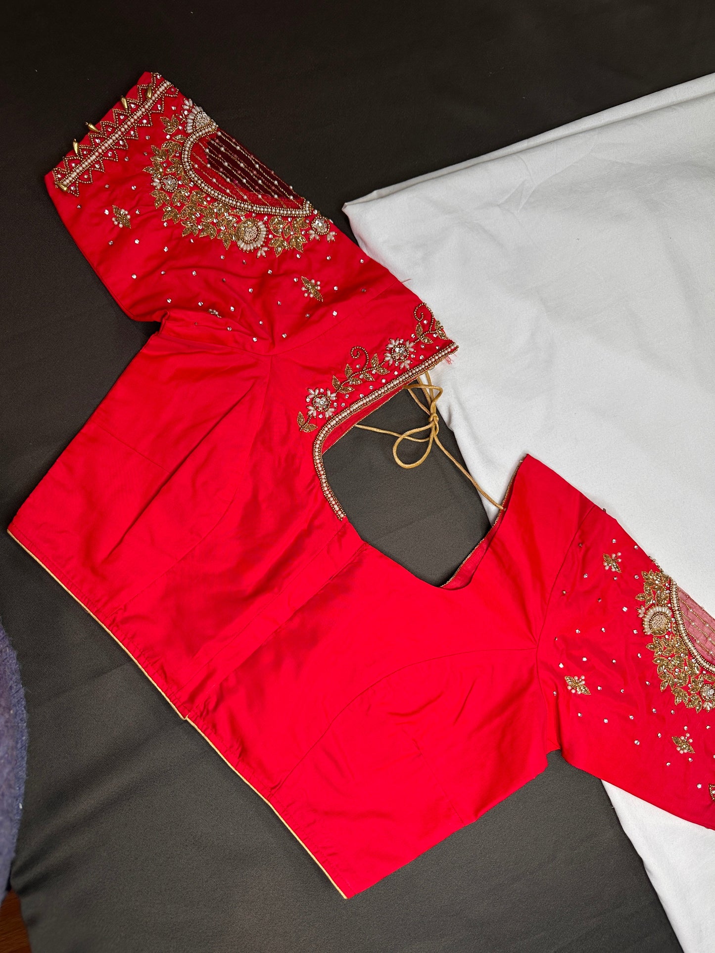 Red Kardana Net Silk Maggam Aari Blouse - 