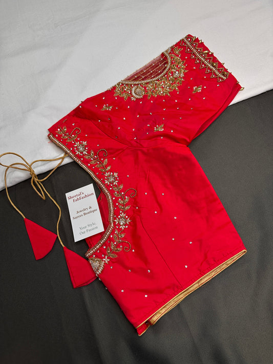 Red Kardana Net Silk Maggam Aari Blouse - 