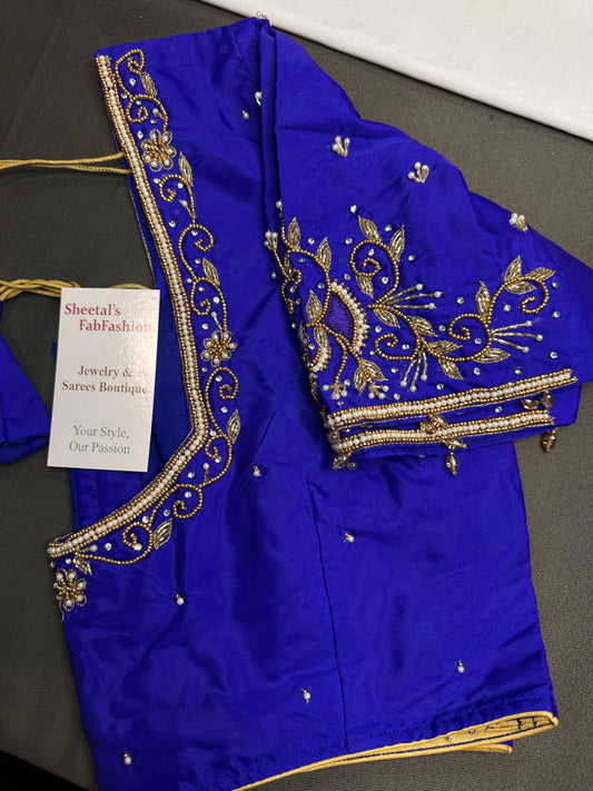 Blue Silk Maggam Aari Blouse - 