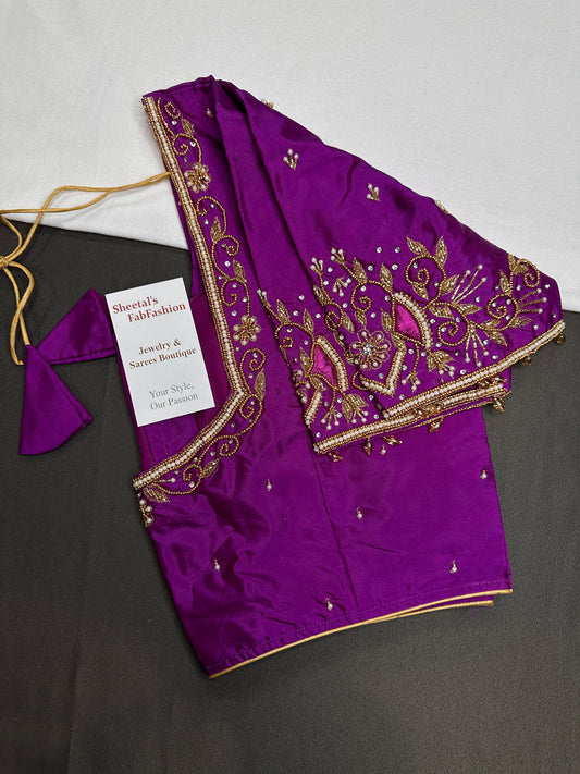 Purple Silk Maggam Aari Blouse - 