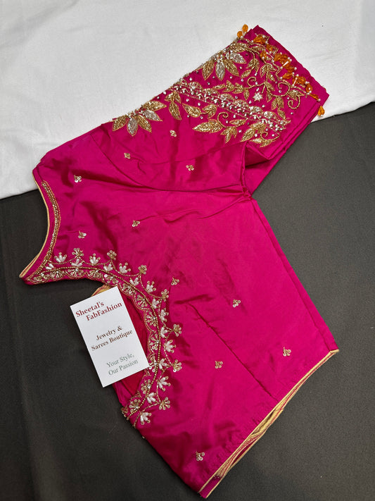 Pink High NeckSilk Maggam Aari Blouse - 