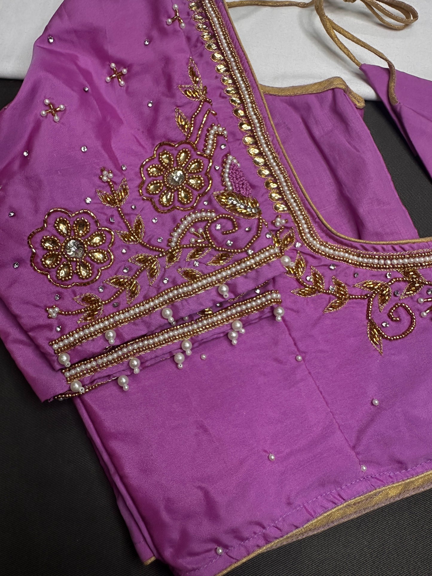 Purple Pink Silk Maggam Aari Blouse - 
