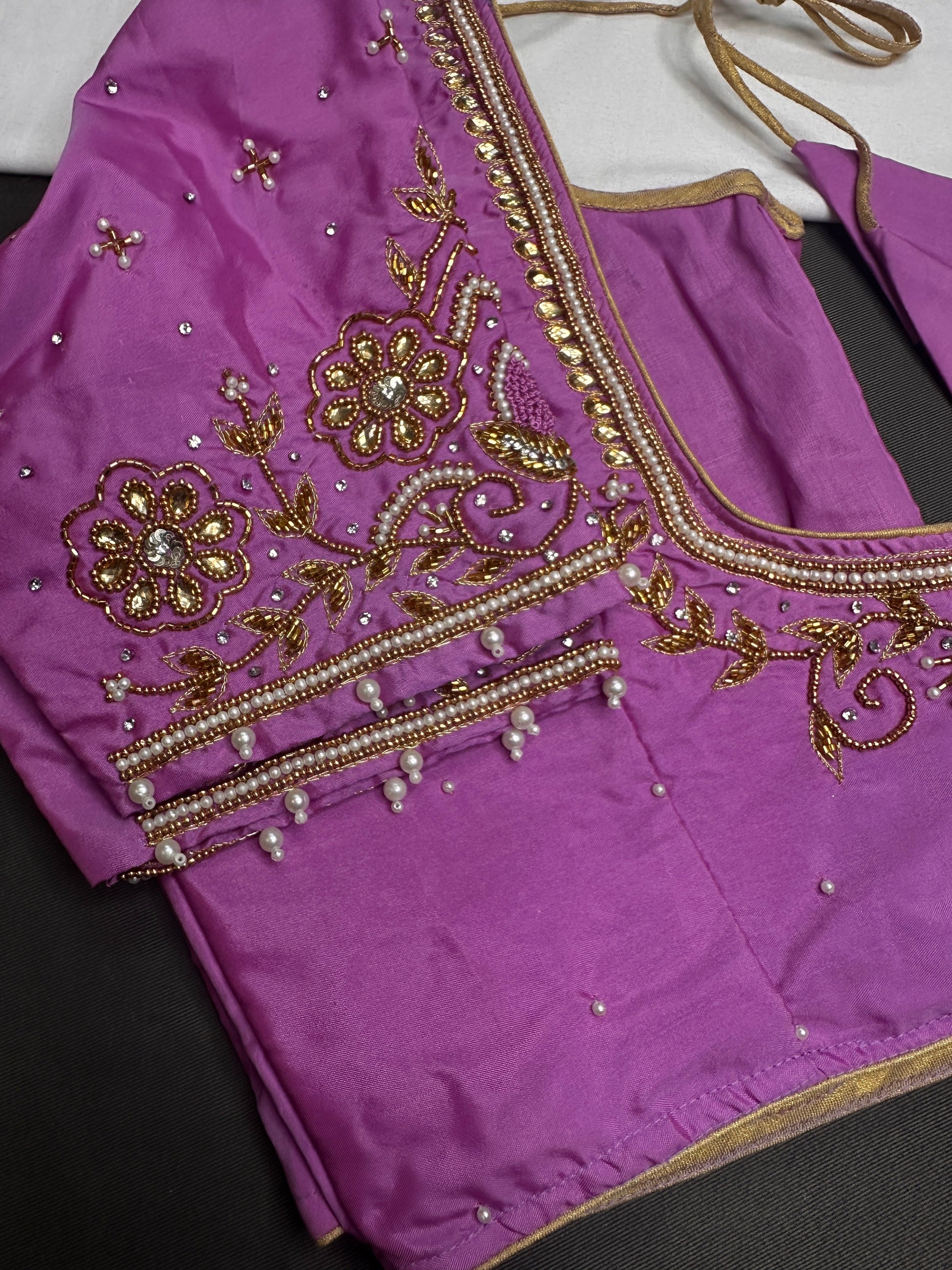 Purple Pink Silk Maggam Aari Blouse - 