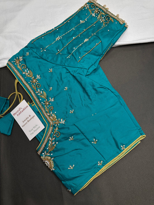 Teal Silk Maggam Aari Blouse - 