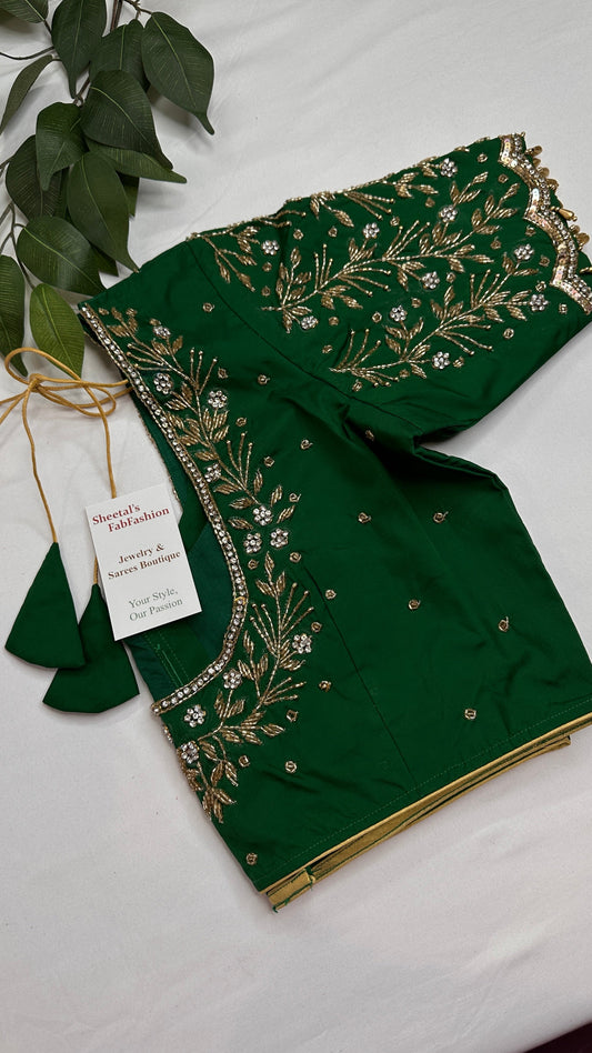 Green Silk Maggam Aari Blouse - 