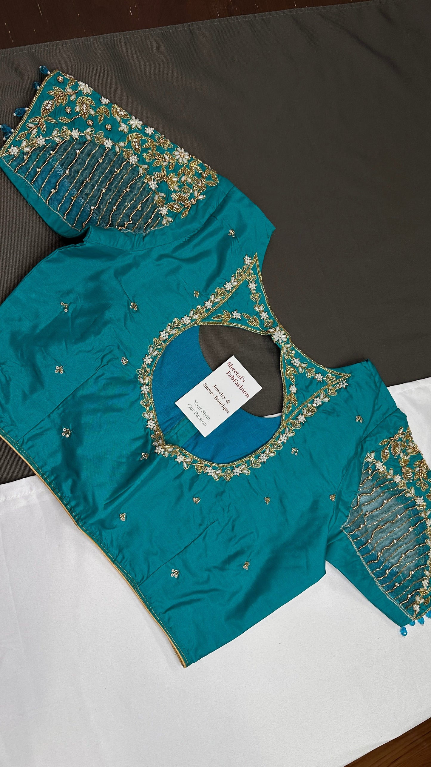 Teal Blue Net Silk Maggam Aari Blouse - 