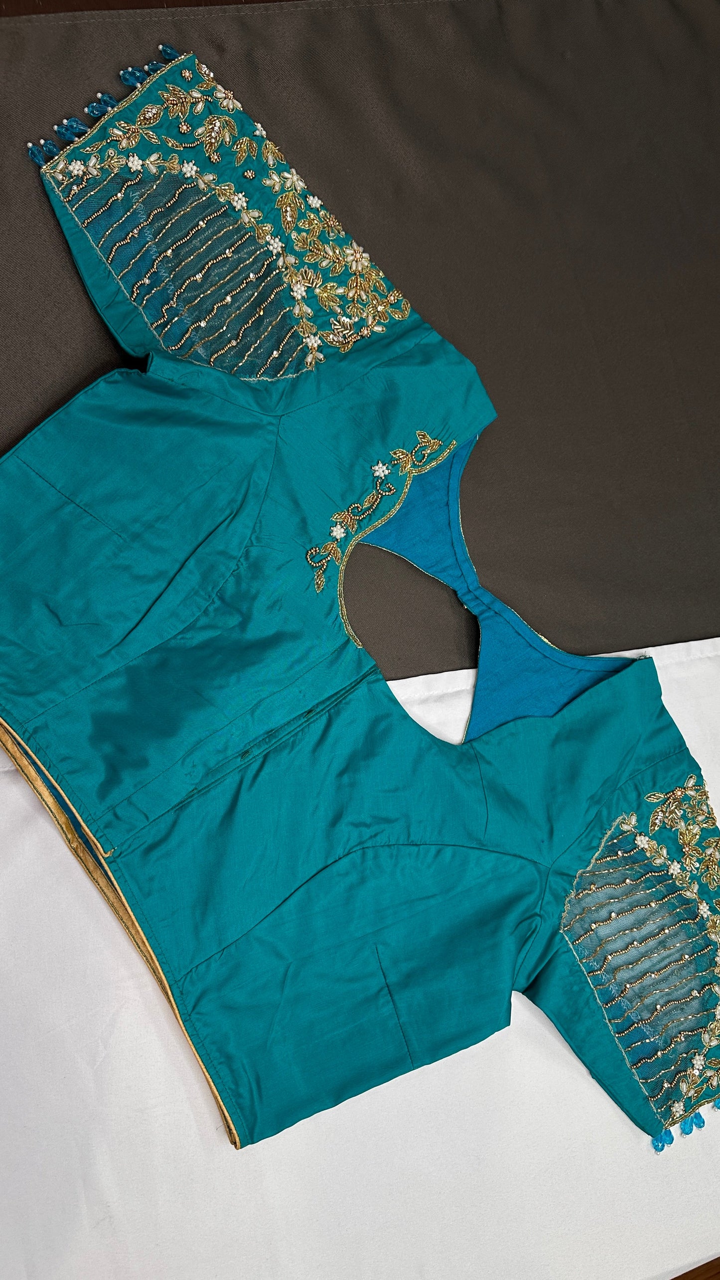 Teal Blue Net Silk Maggam Aari Blouse - 