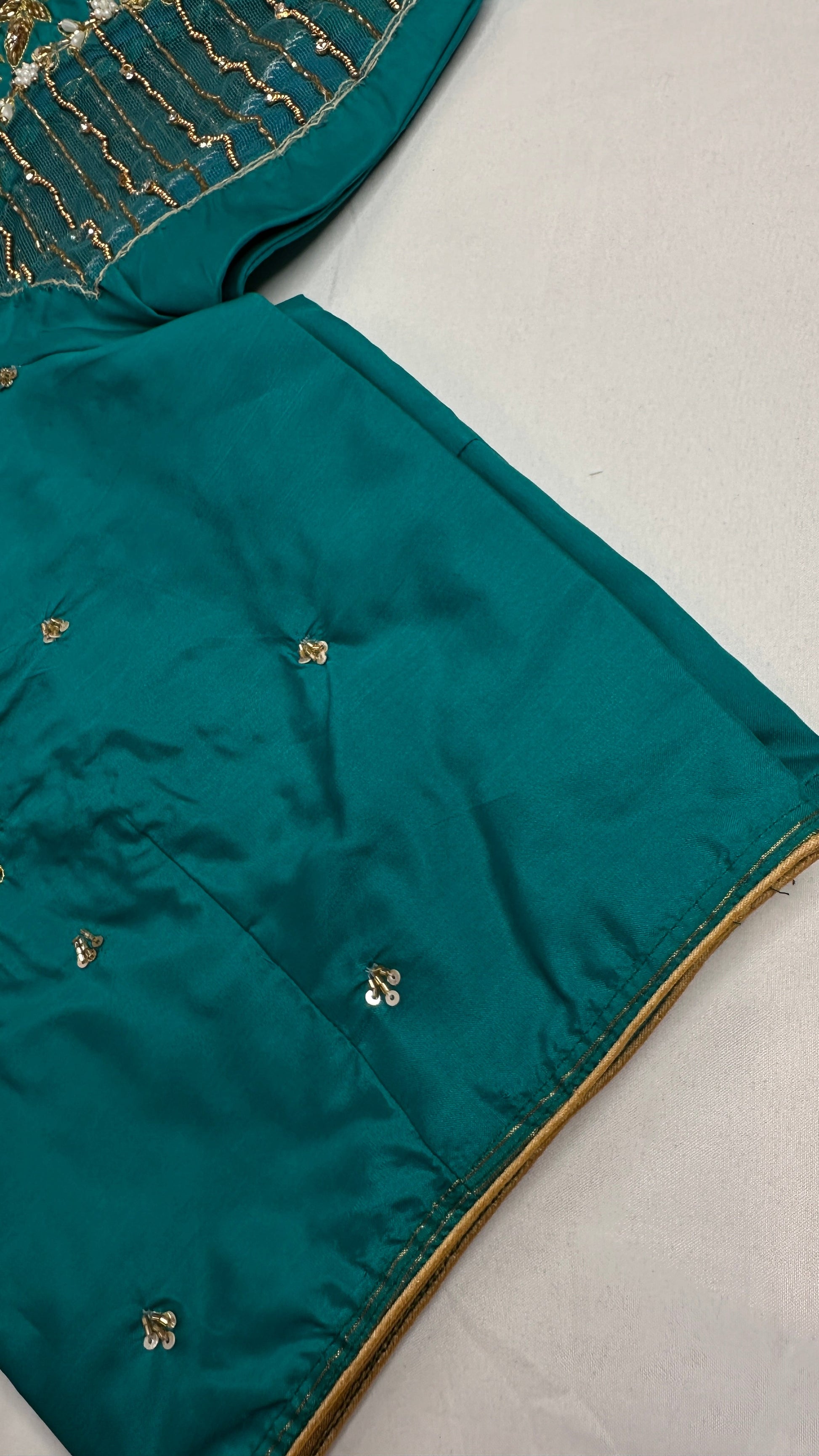 Teal Blue Net Silk Maggam Aari Blouse - 