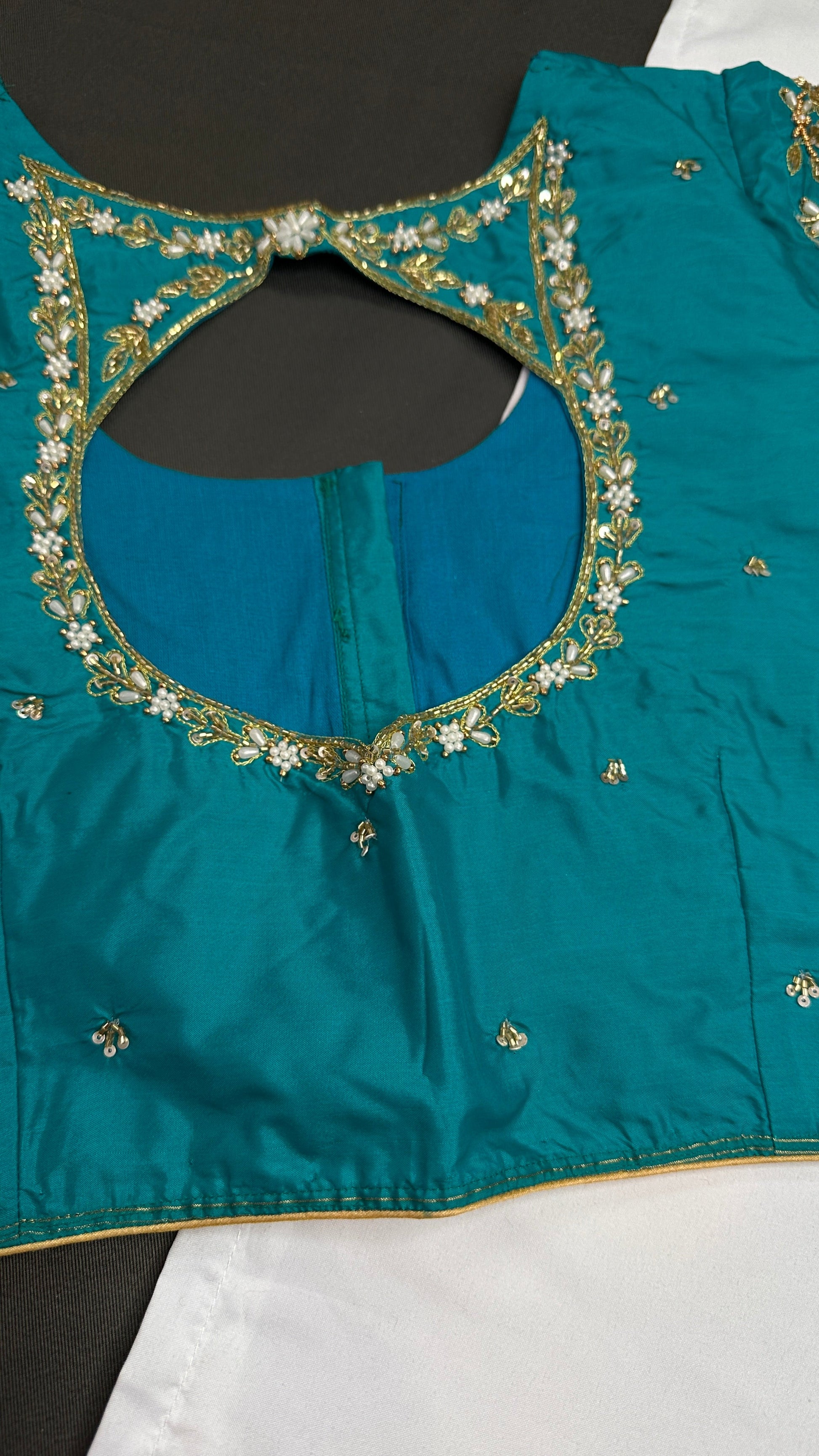 Teal Blue Net Silk Maggam Aari Blouse - 